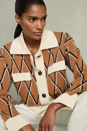 Reiss Korie Cardigan Wool Jacquard, Camel & cream Size: M