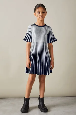 Reiss Ice Metallic Contrast Dress Midi Ribbed, Silver and Navy Blue, Size: 5-6 Years, Navy & camel, 5-6Yrs