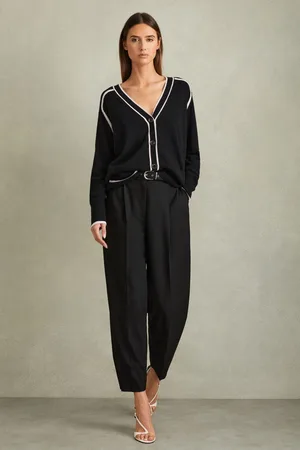 Reiss Black & stone Wool Blend Contrast Tipped Cardigan With Cashmere, XS