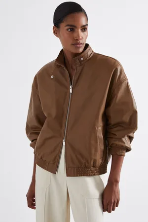 Reiss Atelier Leather Latched-collar Bomber Jacket, 14