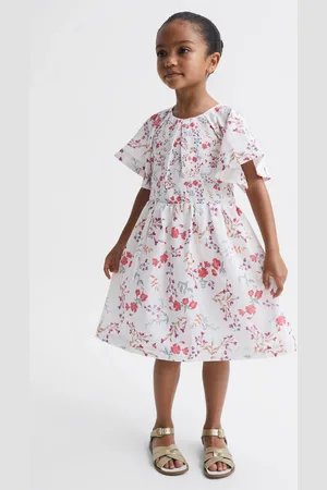 Reiss Jeanie Midi Dress Linen Abstract Print, White & pink Size: 5-6Yrs