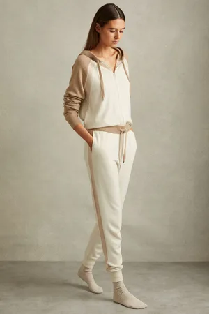 Reiss Eve Wool Blend Colourblock Joggers, L, Camel & cream