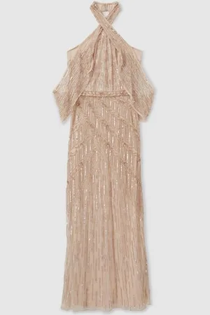 RAISHMA Nude Embellished Cross Front Maxi Dress, , 10