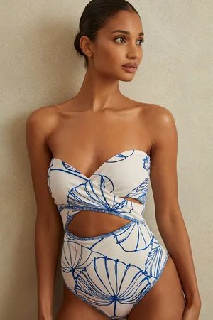 Reiss Veronica Swimsuit Leaf Print, Natural Size: 8