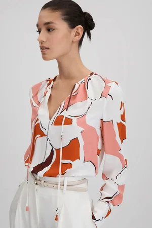 Reiss Cream & red Printed Tie Neck Blouse, 4