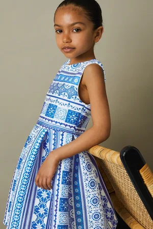 Reiss Lena Blue Print 9-13 yrs Tile Scuba Fit-and-flare Dress, 11-12Yrs, Blue & white