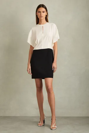 Reiss Marlowe Draped Sleeve Colourblock Mini Dress, 10, Cream & black