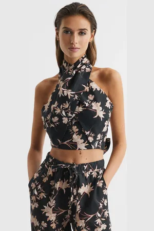 Reiss Ally Black & blush Printed Linen Halter Neck Cropped Top, 10, Black & beige