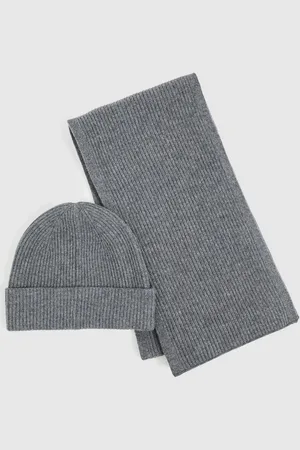 Reiss Merino Wool Ribbed Scarf And Beanie Set