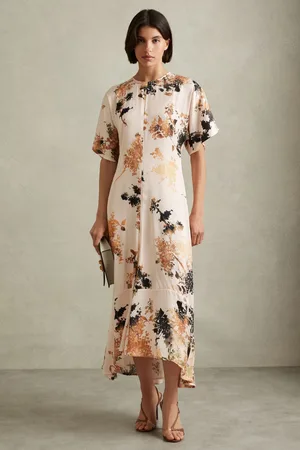 Reiss Chrissy Pale Pink Floral Print Midi Dress, 8, Pink & black