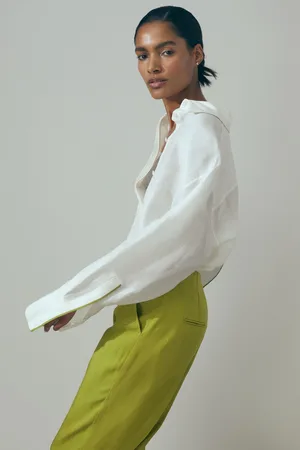 ATELIER Juliet Linen Silk Contrast Button-through Shirt, 6