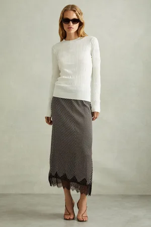 Reiss Ivy Striped Lace Trim Midi Skirt, 4, Black & cream