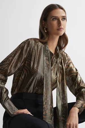 Reiss Metallic Animal Print Tie Neck Blouse, 4