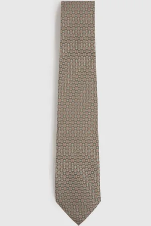 Reiss Garda Tie Silk Medallion Print, Green & brown Size: One Size