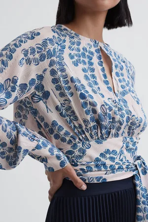 Reiss Pink & blue Cropped Printed Belted Blouse, 14