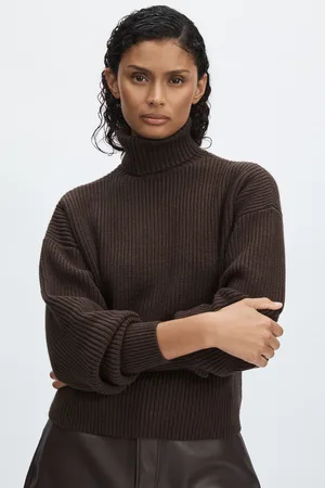 GOOD AMERICAN Cozy Turtleneck Jumper Rib Knit, Black & brown Size: 14