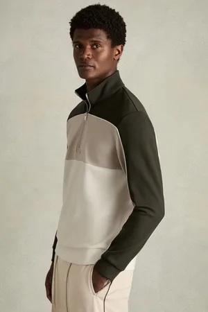 Reiss Forest Green & off White Interlock Colour-block Half-zip Sweatshirt, M