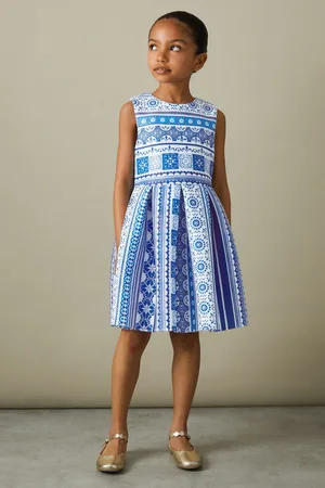 Reiss Lena Flare Dress Tile Print, Blue Size: 7