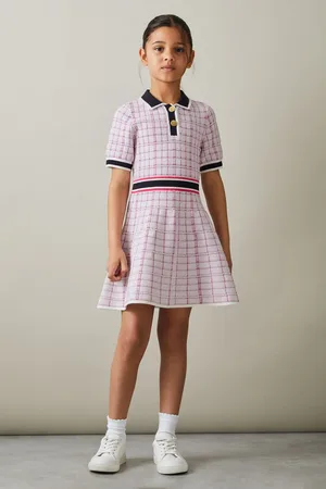 Reiss Bella Pink 4-9 yrs Knitted Metallic Polo-neck Dress, K04, Pink & white