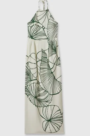 Reiss White & green Floral Sketch Halter Neck Maxi Dress, 8