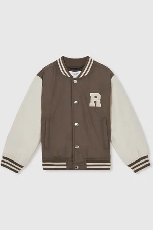 Reiss Mink Brown & off White Colour Block Varsity Bomber Jacket