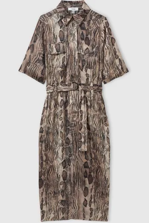 Reiss Farah Neutral Snake Print Belted Midi Dress, 4, Beige & brown