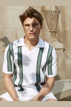 Reiss | White & sage Ricco Open Collar Striped Polo T-shirt, Xxl