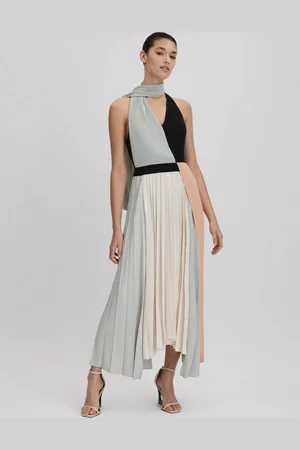 Reiss Pink & cream Pleated Asymmetric Midi Dress, 4