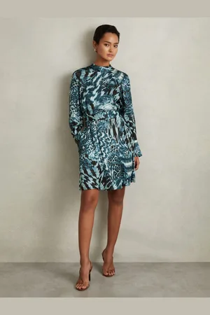 Reiss Printed Belted Tie Neck Mini Dress, 12