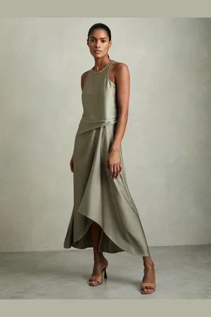 Reiss Satin Drape Tuck Midi Dress, 8