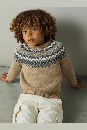 Reiss Trentwith Mouse Melange Jumper Fair Isle, Brown, Grey and White, Size: 9-10 Years, 9-10Yrs