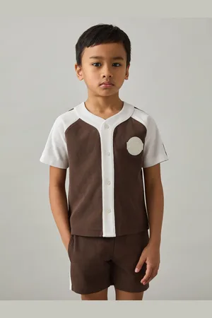 Reiss Chocolate Brown & off White 9-13 yrs Cotton Waffle-knit Badge Shirt, Q04