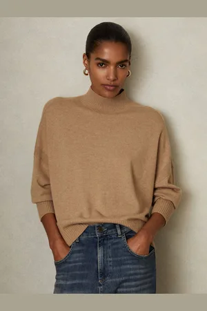 Reiss Alicia Camel Blend Funnel Neck Jumper Wool, , Size: XS