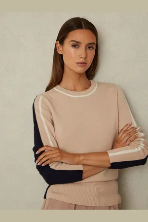Reiss Neutral & navy Wool Blend Colourblock Crew Neck Jumper With Cashmere, L