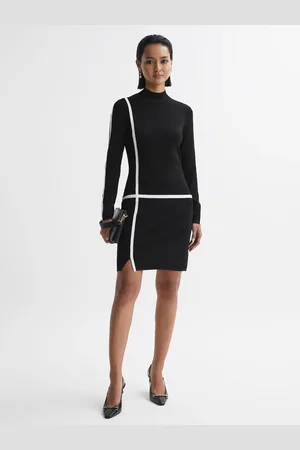 Reiss Annie Knitted Bodycon Mini Dress, M, Black & cream