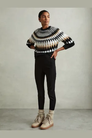 Reiss Indi & camel Fuzzy Fairisle Pattern Crew Neck Jumper, XS