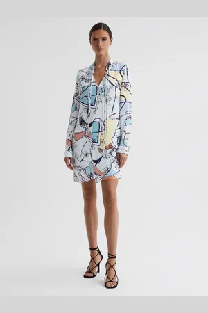 Reiss Margarite Multi Printed Shift Dress, 6, White & blue