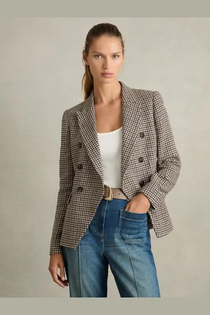 Reiss Cotton-linen Double-breasted Houndstooth-check Blazer, 6