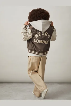 Reiss Mink Brown & off White Colourblock Varsity Bomber Jacket, Q04
