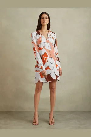Reiss Cream & red Printed Tie Neck Mini Dress, 4- Resort & Holiday Wear