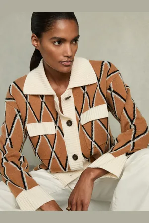 Reiss Korie Cardigan Wool Diamond Jacquard, Brown & cream Size: L