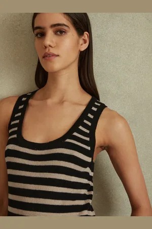 Reiss Everlyn Black & camel Linen-wool Striped Knitted Vest, M, Beige & brown
