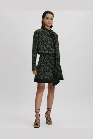 Reiss Katie Black & dark Khaki Printed Tie Neck Mini Dress, 4