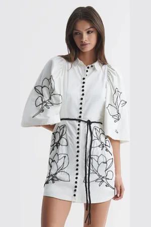 Joslin Beaded Cotton Shirt Mini Dress, White & black, 8- Resort & Holiday Wear