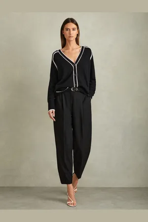 Reiss Abi Black & stone Abi Wool Blend Contrast Tipped Cardigan With Cashmere, S, Black & beige