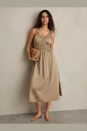 Reiss Petite Cotton Craft-stitch Shirred Midi Dress, 4