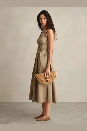 Reiss Cotton Craft-stitch Shirred Midi Dress, 16