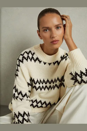 Reiss Ivy Jumper Wool Fair Isle, Cream and Black, Size: L