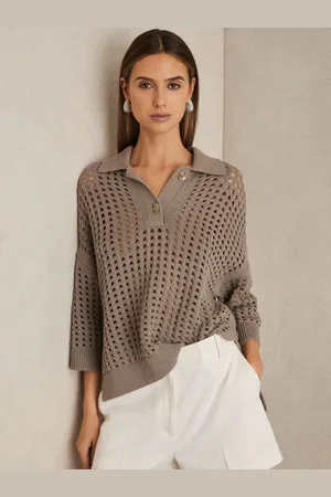 Reiss Cotton Crochet Collared Jumper, L