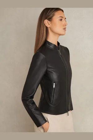 Reiss Leather Collarless Biker Jacket, 4